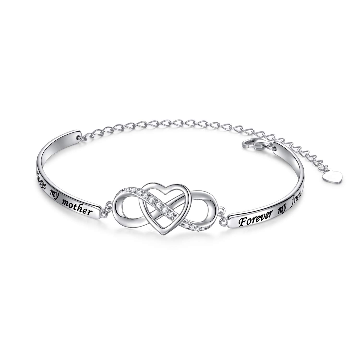 Flyow Mom Gifts 925 Sterling Silver Infinity Love Heart Bracelet With Inspirational Message for Mother from Daughter Son Husband, Adjustable Length Bangle Bracelets Mothers Day Jewelry for Women