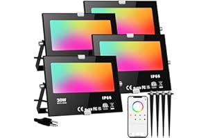 CHANGM LED Flood Lights RGB Color Changing 300W Equivalent Outdoor, 30W Bluetooth Smart RGB Floodlight APP Control, 2700K&16 Million Colors for Garden Stage Lighting 4 Pack with Metal Ground Spikes Stakes