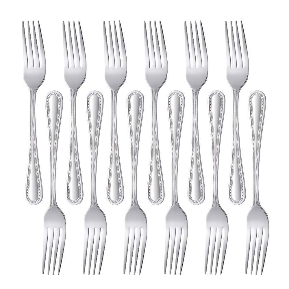 SUNSENGEUR Dessert Forks Set of 12, Stainless Steel Salad Forks Fruit Forks, Mini Cake Forks Mirror Finished Silverware Cutlery Forks 17.6 cm with Bead Pattern,Silver