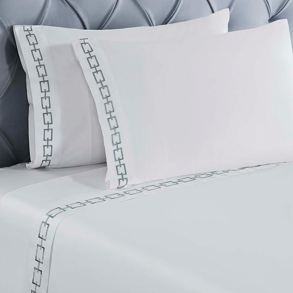 SUPERIOR EMBROIDERED COTTON BED SHEET SET, 1 ELASTIC DEEP POCKET FITTED SHEET, 1 FLAT SHEET, 1 PILLOWCASE, DAILY SOFT SHEETS, LUXURY, UNIQUE DESIGN, CHAIN LINKS COLLECTION, TWIN, WHITE-SILVER