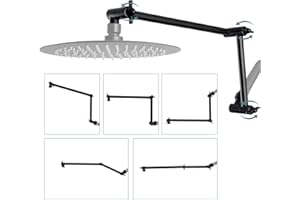 iFealClear All Metal 16" Shower Head Extension Arm, Solid Brass Shower Head Extender Adjustable Height Angle, G1/2 Universal Connection Stainless Steel Rain Showerhead Pipe with Lock Joint, MatteBlack