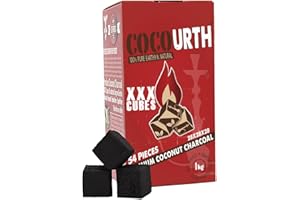 CocoUrth 100% Natural Hookah Coconut Shell Charcoal XXX Cube 28x28x28mm 54 PCS Electric Burner Briquettes Used Also for Cooking, Grilling, Barbecuing, Incense Narguile Coal (1kg)