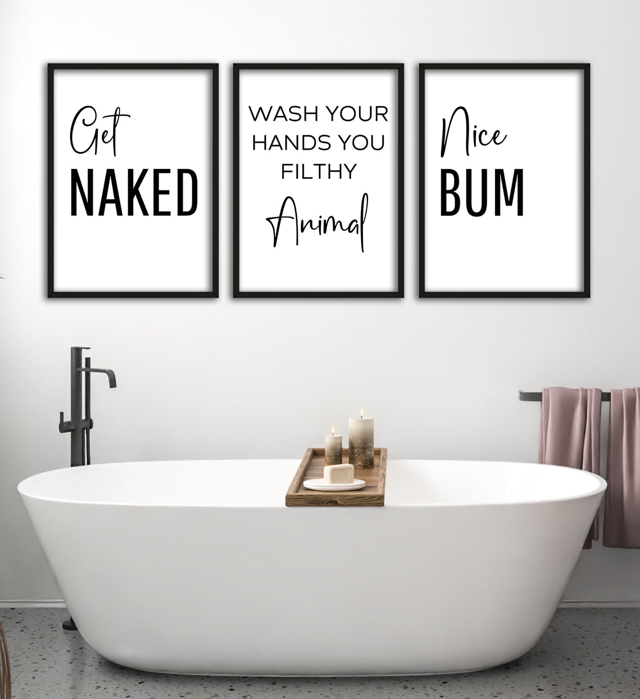 Eviepops Prints Get Naked Bathroom Wall Art Set of 3 Unframed Prints, Funny Bathroom Decor, Wash Your Hands You Filthy Animal, Nice Bum, Home Wall Art Decor, New Home Gift, Monochrome Prints (A4) — image 1