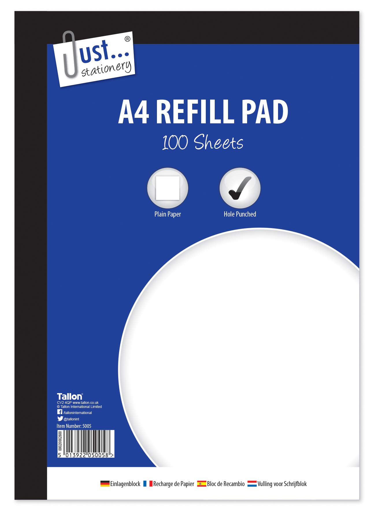 Just stationery 100 Sheet A4 Plain Refill Pad 5005 White