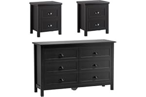 SINROM 3-Piece Dresser Bedroom Set, Farmhouse 6 Drawer Dresser & 2 Drawer Nightstands Set of 2, Chest of Drawers and Night Stand, 3 Pcs Bedroom Furniture Set