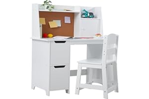 WPOND Kids Study Desk and Chair Set with Storage - White Learning Table with Bookshelf and Cabinets for Boys and Girls Ages 3-8