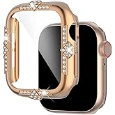 Falandi Hard Case Compatible with Apple Watch Case Series SE 6/5/4 44mm Rhinestones with Built-in Glass Screen Protector Diamond iWatch Face Cover Smart Watch Case for Women Girl, 44mm Rose Gold