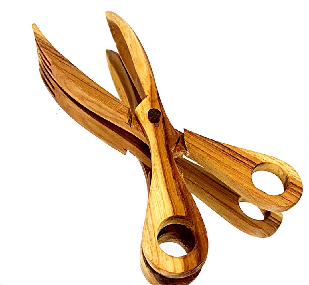 Blue Bright Wood Salad Teak Tong Wooden Scissor