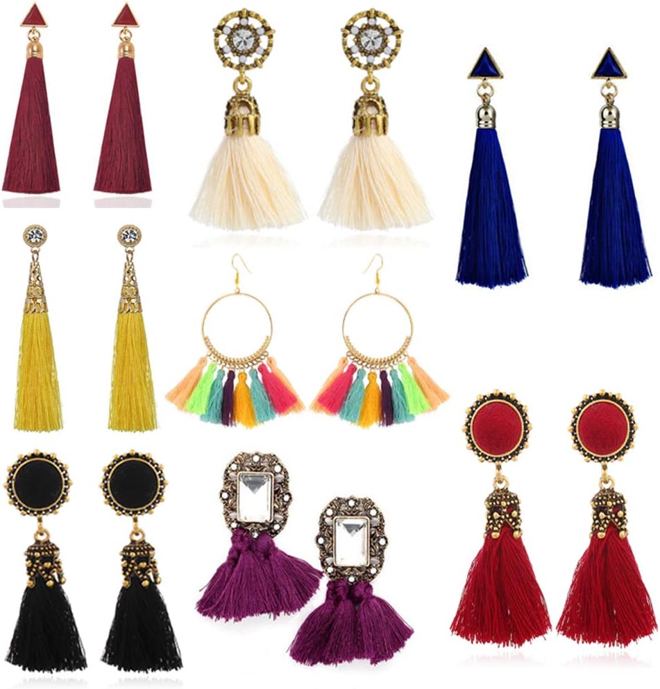 8 Pairs Tassel Earrings for Women Dangle Earrings Tiered Dangle Long Earrings Turquoise Tassel Hoop Fringe Bohemian Fringe Drop Earrings Stud Earrings Valentine's Day Halloween Christmas Birthday