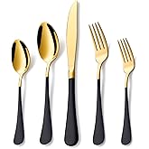 Lekoton 20 Piece Gold and Black 18/0 Flatware Utensil Set for 4, Include Dinner Knife,Dinner Forks,Dinner Spoons,Salad Forks,Teaspoons,Silverware Set for 4, Dishwasher Safe