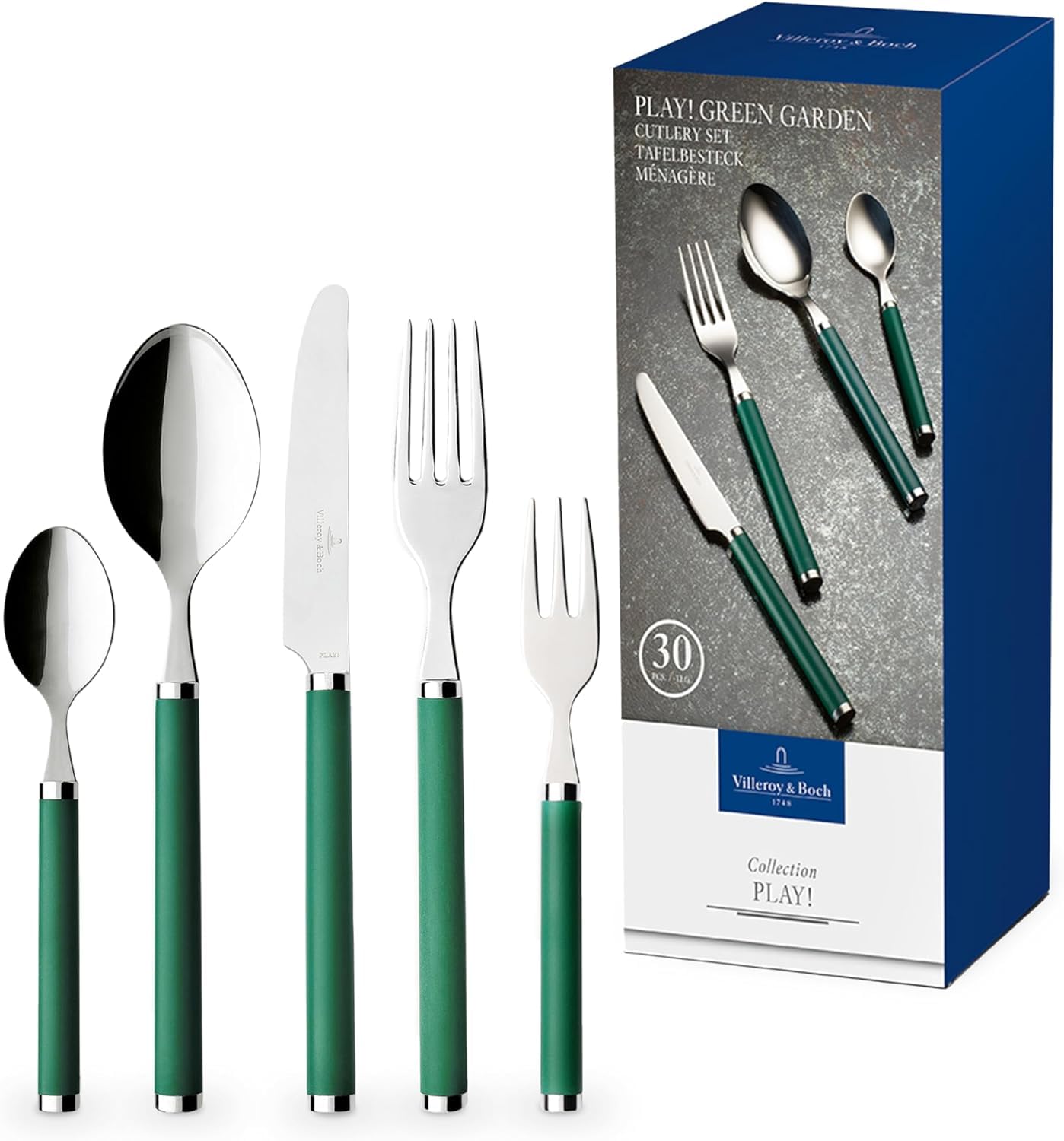 Villeroy & Boch Play! Green Garden Cutlery for up to 6 People, 30 Pieces, Stainless Steel, Green Plastic Handle
