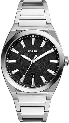 Montre pour hommes Everett 3 Hand, mouvement à quartz, boîtier en acier inoxydable argenté de 42 mm avec bracelet en acier inoxydable, FS5821