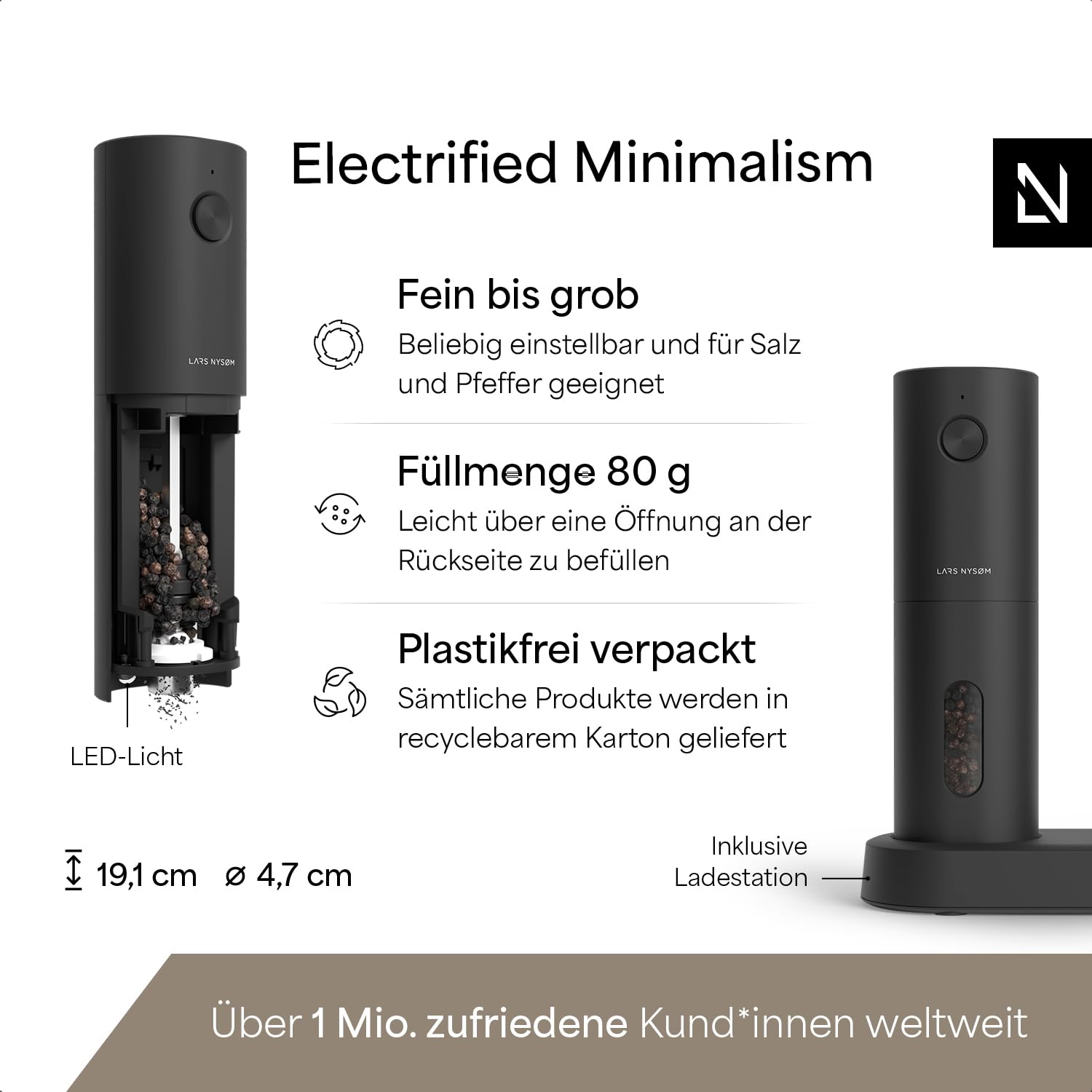 LARS NYSØM Salz und Pfeffer Mühle Elektrisch 2er Set mit einstellbarem Keramik-Mahlwerk von grob bis fein I Design Gewürzmühlenset Automatisch (2 Stück, Onyx Black) 4
