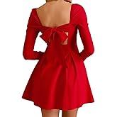 JKMNAO Women Long Sleeve Fall Mini Dress Bow Tie Party Cocktail Wedding Guest Square Neck Short Dresses