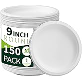 9 Inch Compostable Paper Plates 【White150 Pack】,100% Sugarcane Bagasse Medium Disposable Plates, Sturdy Heavy Duty, Biodegradable Dinnerware for Party, BBQ, Picnic, Camping