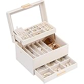 Lolalet Jewelry Box, Clear Window Jewelry Organizer with Drawer for Earrings Bracelets Necklaces Rings, Jewelry Storage for Women -White, 3 Layers