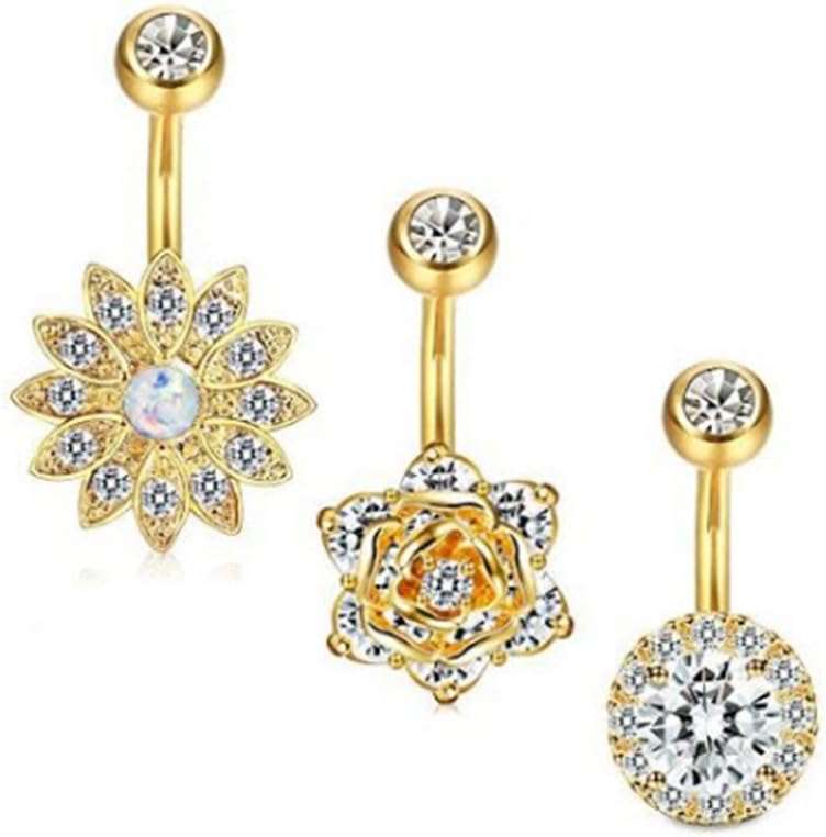 3Pcs Women Rhinestone Flower Belly Rings Set Navel Bar Body Piercing Jewelry Golden