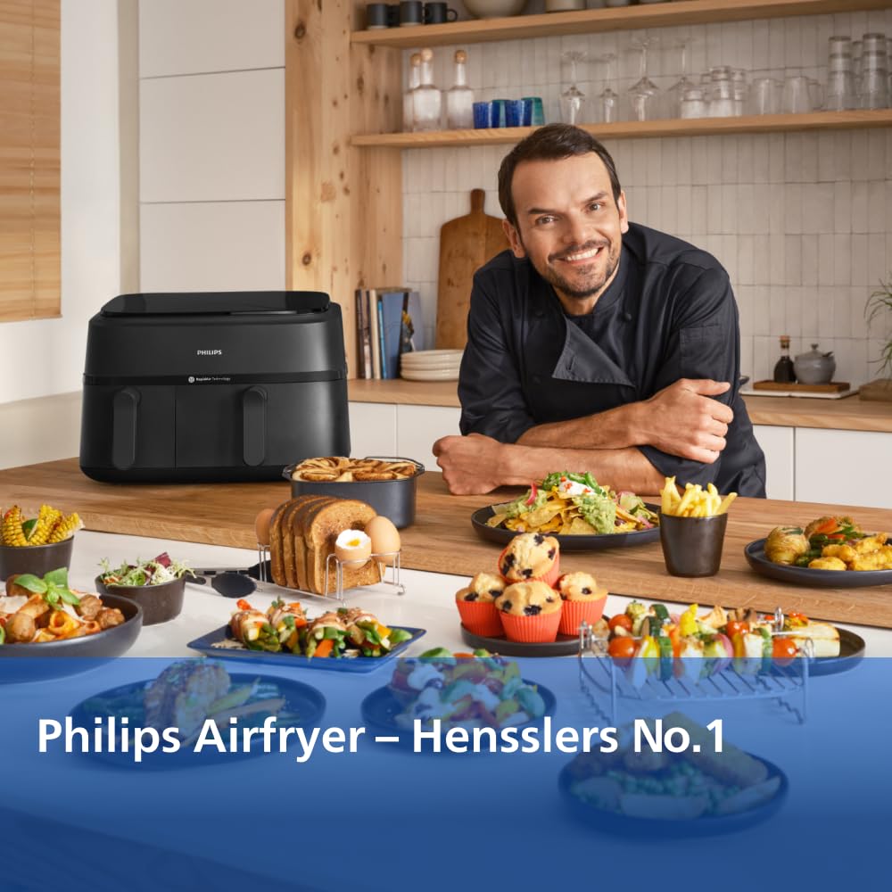 Philips Airfryer 3000 Series Dual Basket, Heißluftfritteuse mit 2 Körben und Frühstücks-Set, 9L, RapidAir Plus Technologie, 90% weniger Fett, Energieeffizient, HomeID App (NA350/03) 3