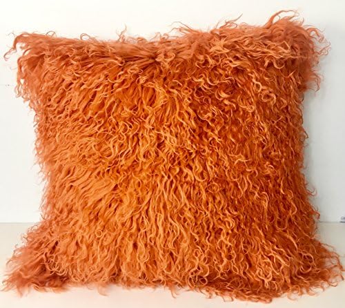 Mongolian fur throw cover 16'' square-100% Real Lamb Fur Super Soft Suggle Pillow Cover (pumpkin)
