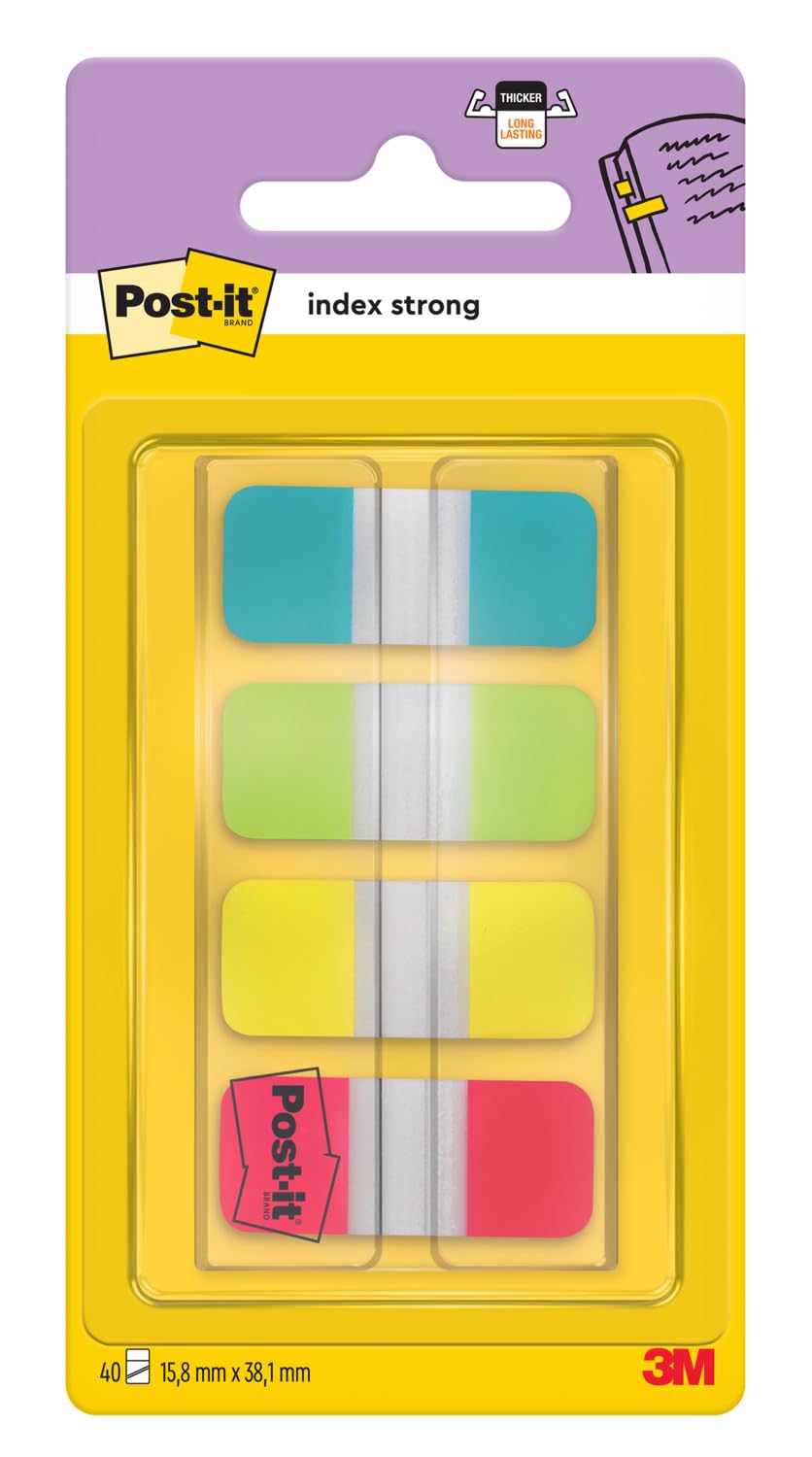 Post-it Index Strong Filing Tabs, Small - 40 Tabs, 15.8 mm x 38.1 mm, Yellow, Red, Blue, Green - Extra Strong Sticky Flags for Documents and Information
