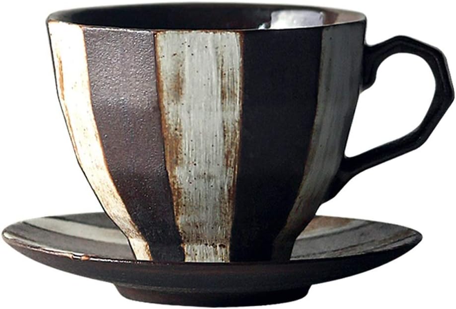 Teacup Simple Stacking Coffee Cup and Saucers Combo 7.7oz/220ml,Retro Handmade Tea Milk Cappuccino Cups for Office and Home,Brown
