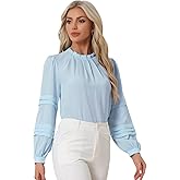 Allegra K Women's Lantern Sleeve Blouse Pleated Mock Neck Keyhole Casual Work Top