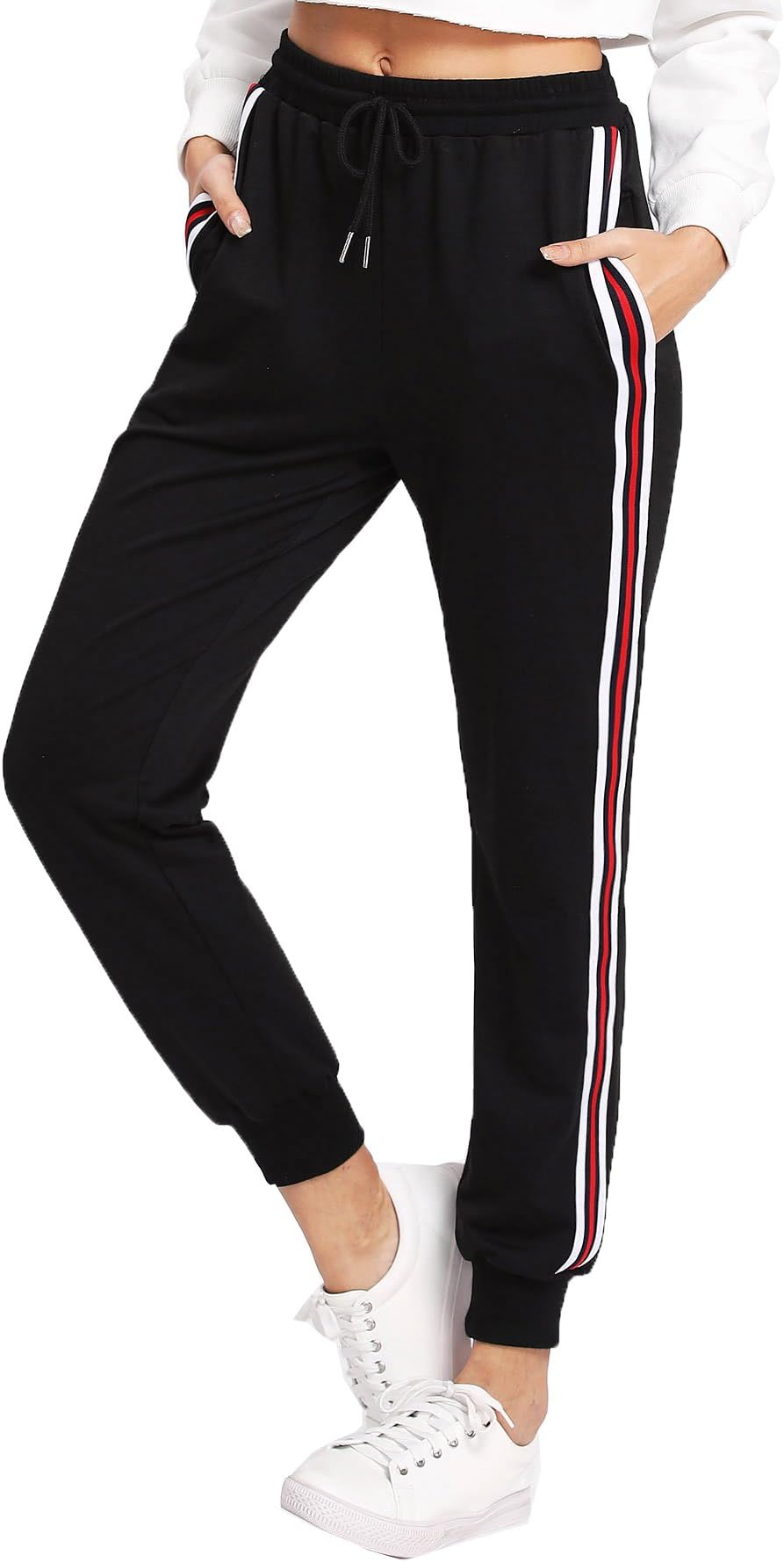 SweatyRocks Women's Drawstring Waist Striped Side Jogger Sweatpants with Pocket