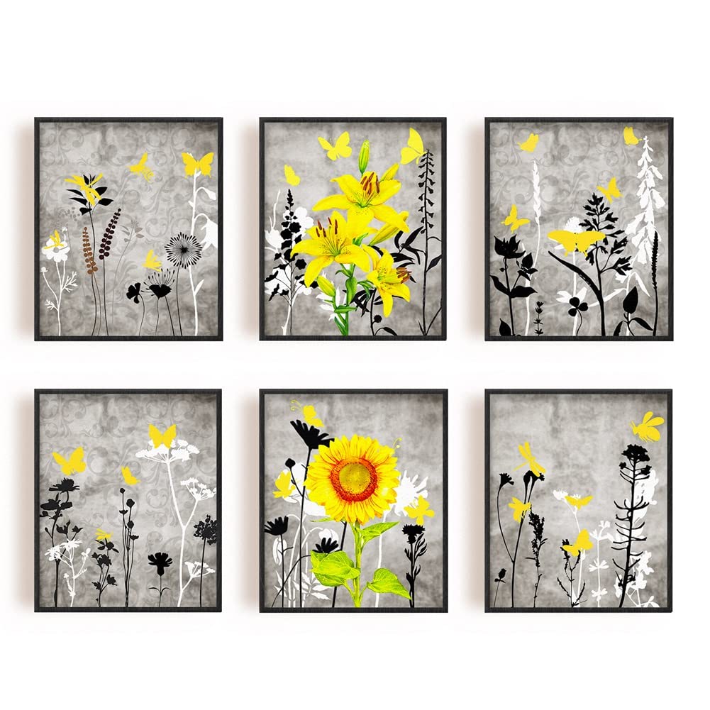 SUPERDANT Flowers Canvas Wall Art Abstract Wall Pictures Yellow Butterfly Poster Painting Black and White Canvas Pictures for Bedroom Living Room Decor 6Pcs No Frame