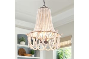 VILUXY 3-Light Bohemia Wood Beaded Chandelier Antique Rustic Pendant Light White Finishing for Bedroom, Kitchen Island, Girl Room, Dining Room