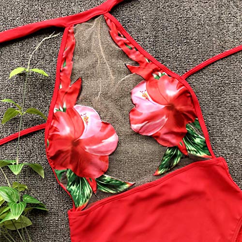 Lotus.Flower Women Fashion One-Piece Sexy Bikini Set Solid Color Sport Swimwear Push-Up Padded Swimsuit (M, Red)