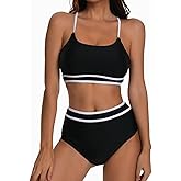 karrack Womens High Waist Bikini Sets Sporty Color Block Two Piece Swimsuits Adjustable Straps Bathing Suits
