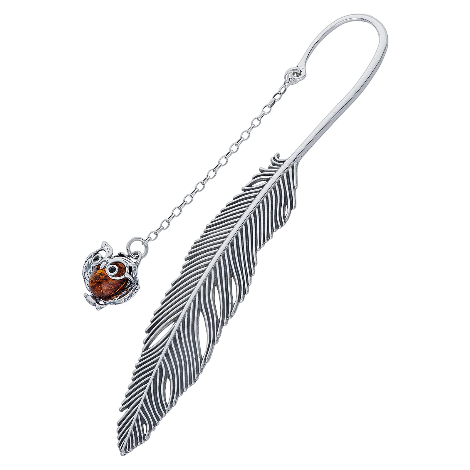 AMBEDORA Bookmark, Oxidised Sterling Silver, Round Baltic Amber in Cognac Colour, Silver Wise Owl Bookmark with Amber L. 11.5 cm