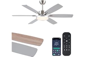HOUNBERI 52 inch Modern Ceiling Fans with Lights Remote/APP Control,Modern Flush Mount Ceiling Fan,DC Reversible Motor, 3CCT,Surper Bright Dimmable LED Ceiling Light with Fans for Bedroom, Livingroom Nickel