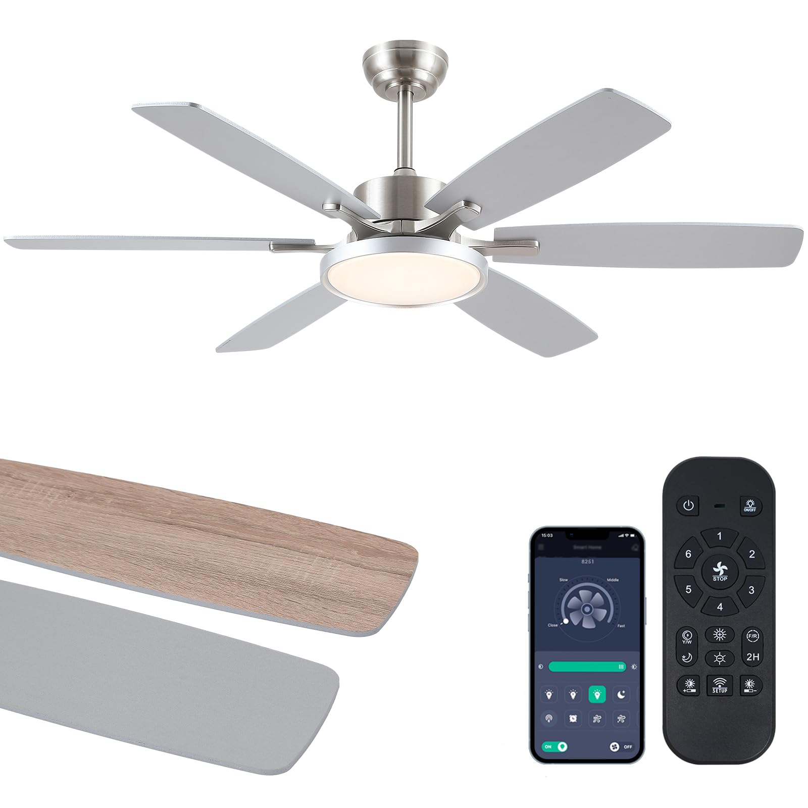 Photo 1 of 52 inch Modern Ceiling Fans with Lights Remote/APP Control,Modern Flush Mount Ceiling Fan,DC Reversible Motor, 3CCT,Surper Bright Dimmable LED Ceiling Light with Fans for Bedroom, Livingroom Nickel