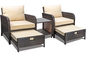 LEVELEVE Balcony Furniture 5 Piece Patio Conversation Set, PE Wicker Rattan Outdoor Lounge Chairs with Soft Cushions 2 Ottoman&Glass Table for Porch, Lawn-Brown Wicker