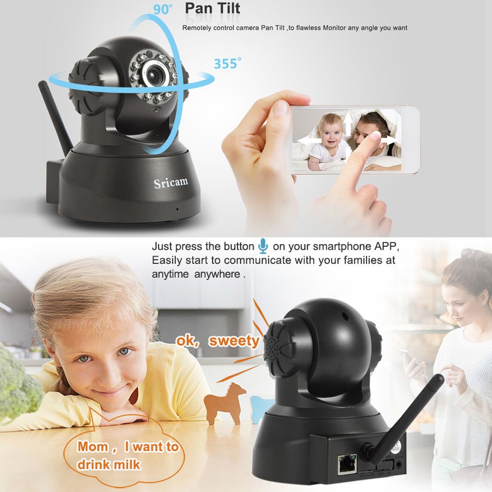 Sricam SP012 - Cámara Ip de Vigilancia (720P, H.264, Wifi, Onvif, P2P, Coms, IR-LED, CCTV, TF, Sin conexión de PC, Todas funciones por APP, para Seguridad) (Negro)