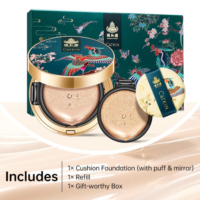 CATKIN Cushion Makeup Foundation, Lightweight and Durable Formula, Anti-Aging, Natural Effect, 7 in 1 Herbal Extracts, Transparent Satin Finish, Refills Included, 13g*2