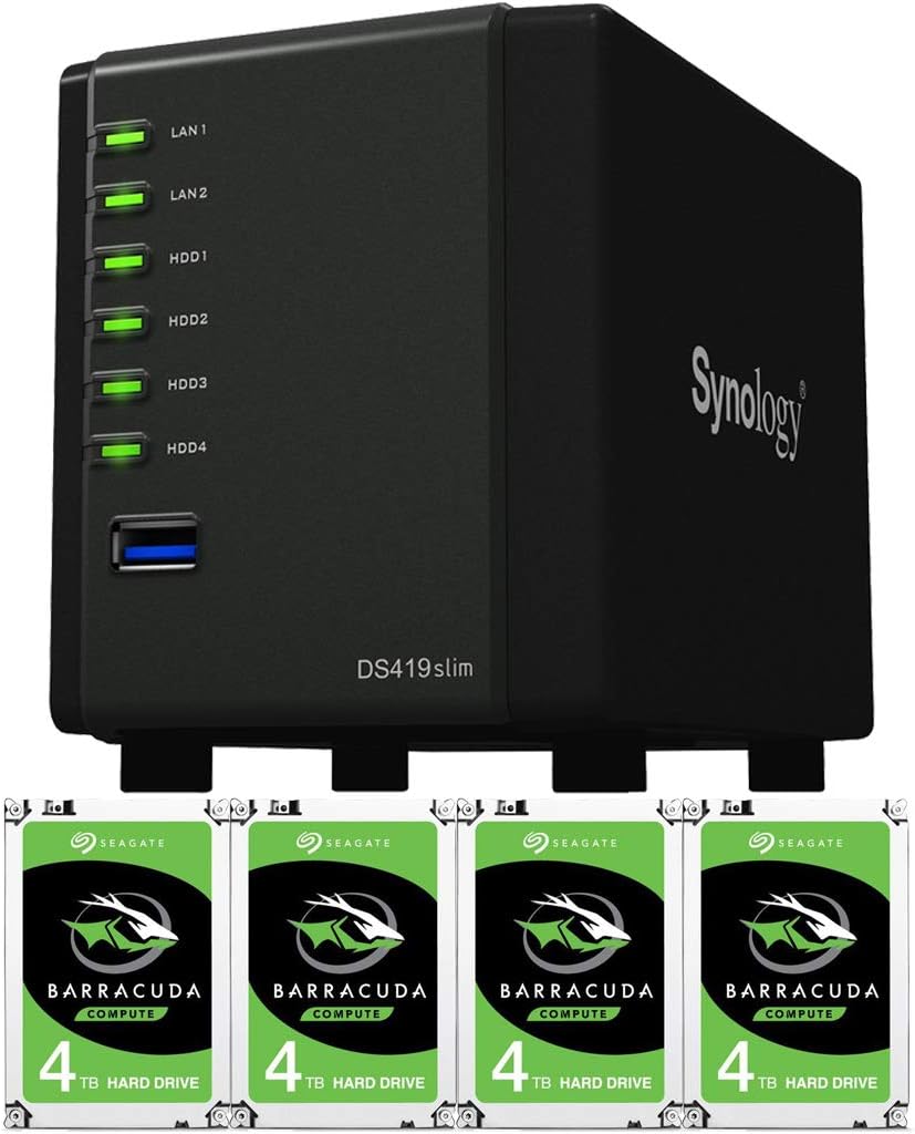 DS419slim 4-Bay DiskStation Compact Personal Cloud Bundle 16TB (4 x 4TB) of 2.5" Hard Drives Fully Assembled and Tested by CustomTechSales