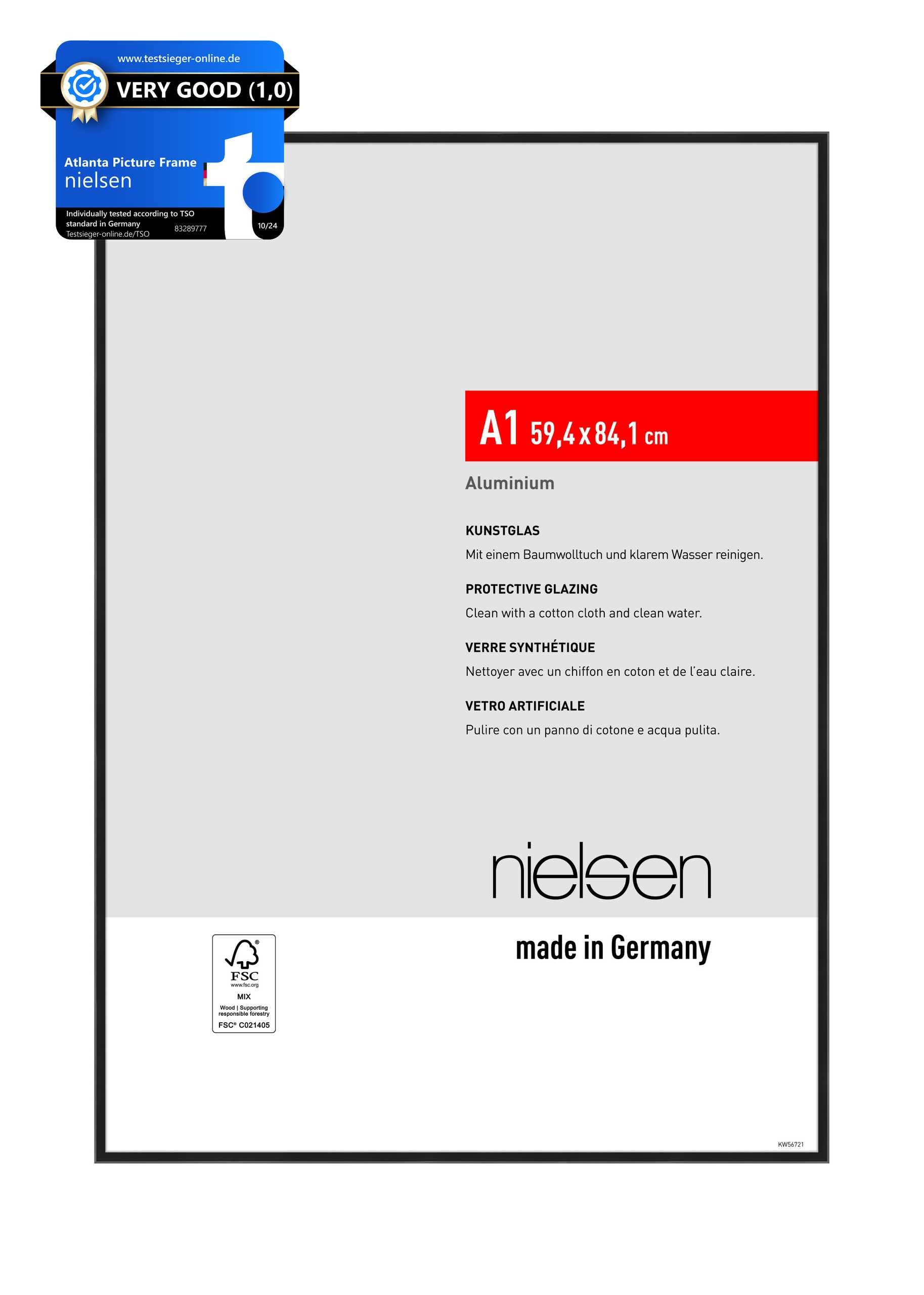 nielsen Atlanta Aluminium Picture Frame - Frosted Black A1, 59.4x84.1cm - with Synthetic Glass and Push-Turn Clips — image 1