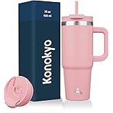 Konokyo 30 oz Tumbler with Handle and 2 Straws,2 in 1 Lid Insulated Water Bottle Stainless Steel Travel Coffee Mug,Pink