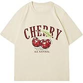 Verdusa Women's Fruit Letter Print Oversized T Shirt Retro Vintage Round Neck Drop Shoulder Tee Tops
