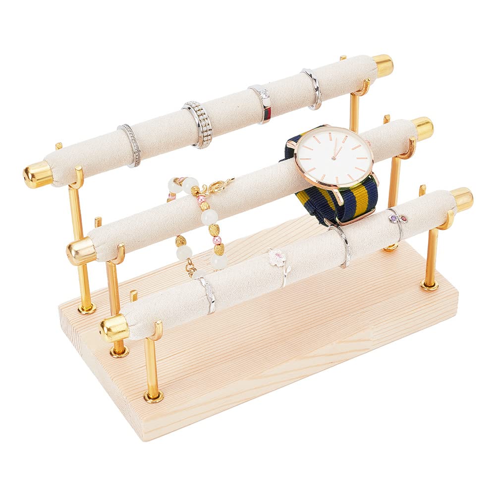 NBEADS 3-Tier Ring Display Stands, Wood Detachable Ring Organizer Wooden Ring Holder with Golden End Tower Ring Display Jewelry Shelf for Jewelry Storage Organizer