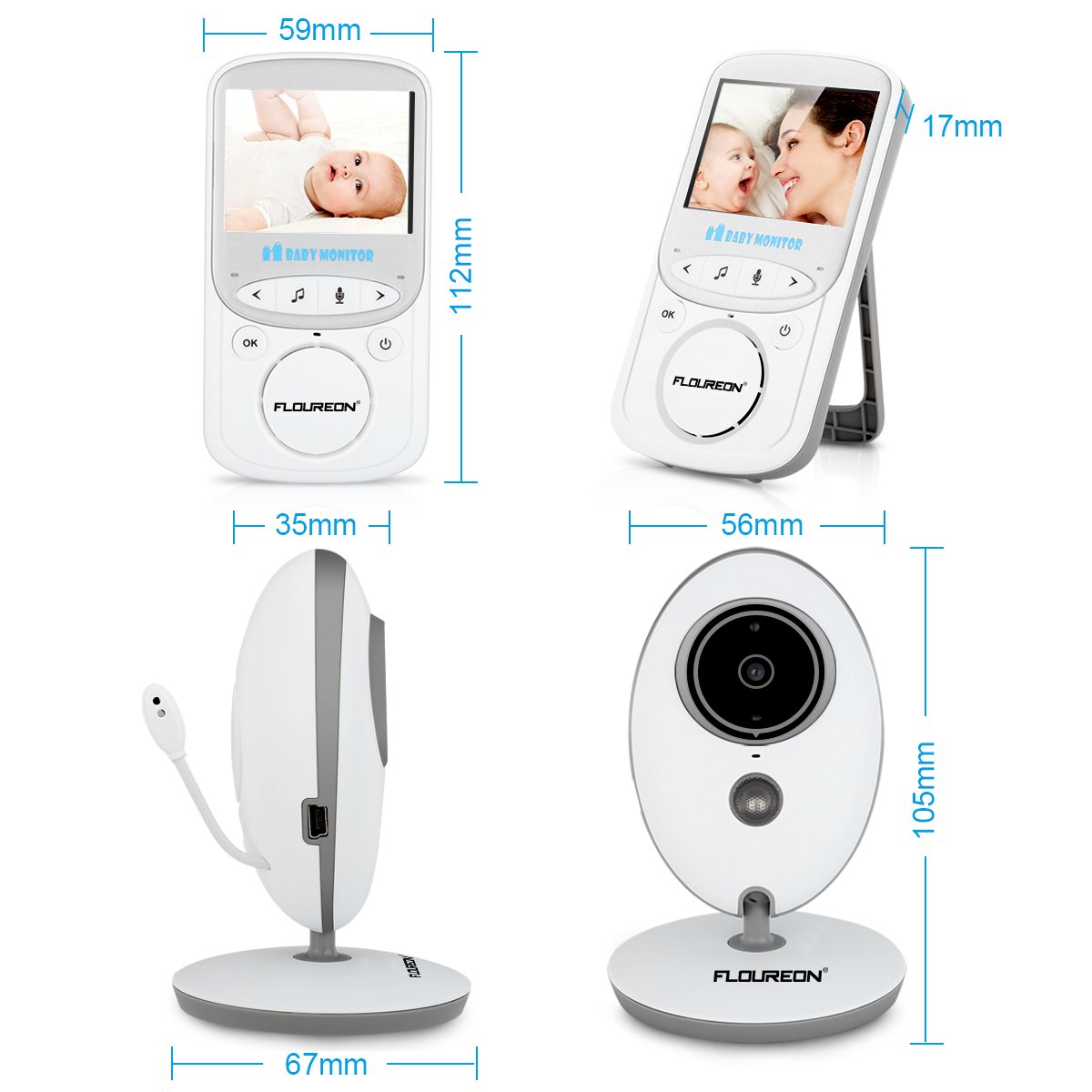 FLOUREON VB605-2.4\'\' monitor bebé digital inalámbrico, 2.4GHz LCD vídeo, cámara de seguridad, visualización de temperatura, diálogo bidireccional, visión nocturna