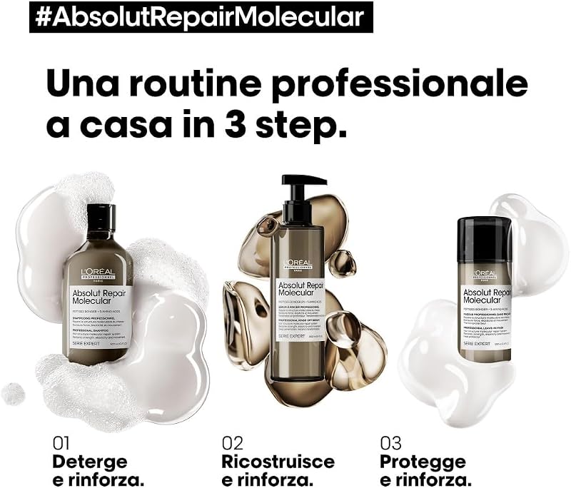 L’Oréal Professionnel Shampoo Ristrutturante, Per Tutti i Tipi di Capelli Danneggiati, Aiuta a Riparare i Danni e Ripristina la Forza, Senza Solfati, Absolut Repair Molecular, SERIE EXPERT, 500 ml