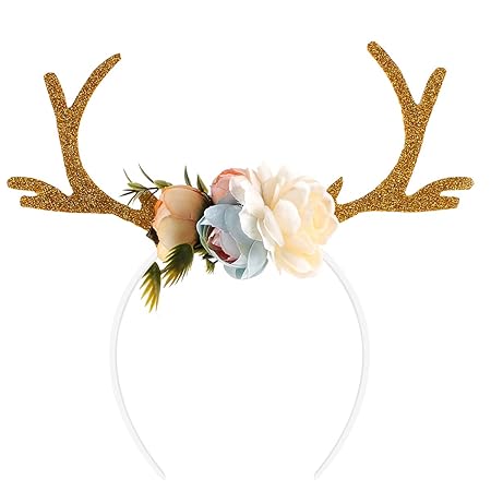 OULII Lustige Hirsch Geweih Stirnband mit Blumen Blüte Neuheit Haar Band Weihnachten Fancy Dress Kostüme Zubehör (Khaki)