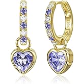 Heart Birthstone Dangle Drop Earrings for Women: 925 Sterling Silver Hypoallergenic Huggie Earrings with Dainty 5A CZ, Trendy Jewelry Valentine Anniversary Birthday Gifts for Her Wife Girlfriend Mom