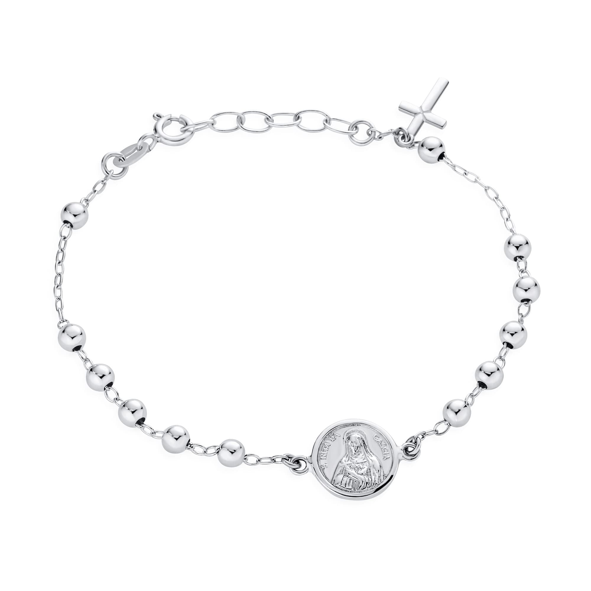 Bling Jewelry Personalize Catholic Christian Religious Prayer Beads with Cross Charm Holy Mother Virgin Mary Medal Rosary Bracelet For Women Teen .925 Sterling Silver 7-8 Inch Adjustable Customizable