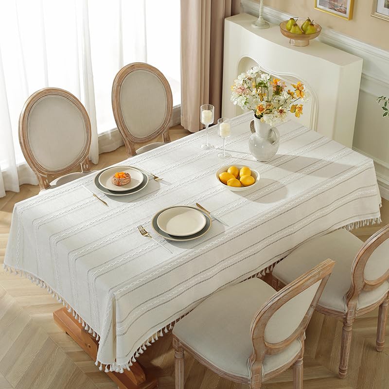 Pahajim Tablecloth Rectangular Table Cloth Cotton Linen Tassel Wipe Clean Washable Tablecloth Wrinkle Freefor Kitchen, Dinning,Party Tabletop Decoration(White-Stripe, 55 x 118 inch)