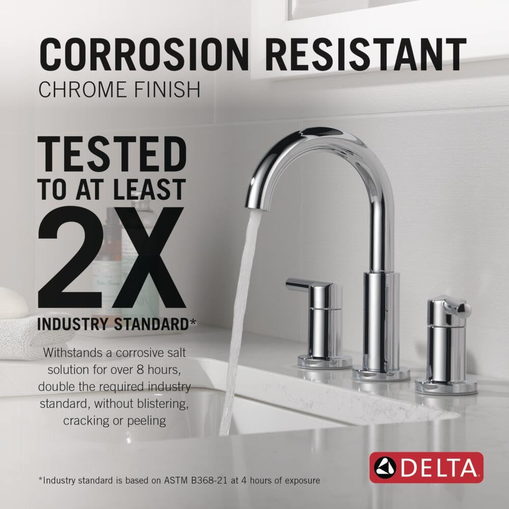 Delta Nicoli Chrome Faucet 3 Hole, 8 Inch Widespread Bathroom Sink Faucet for Vanity, Push-Pop Drain Assembly, Chrome 35749LF