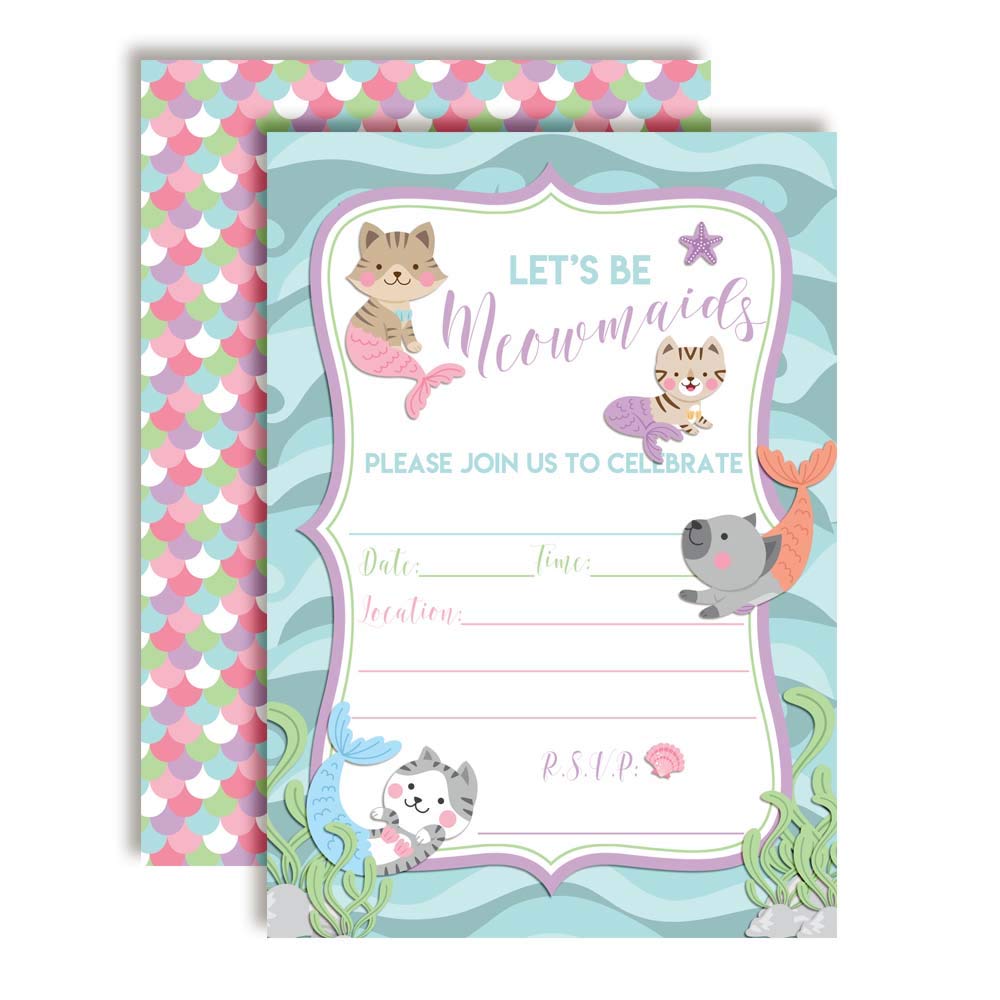 Let's be Meowmaids, Mermaid Kitty Cat Birthday Party Invitations for Girls, 20 5"x7" Fill In Cards with Twenty White Envelopes by AmandaCreation